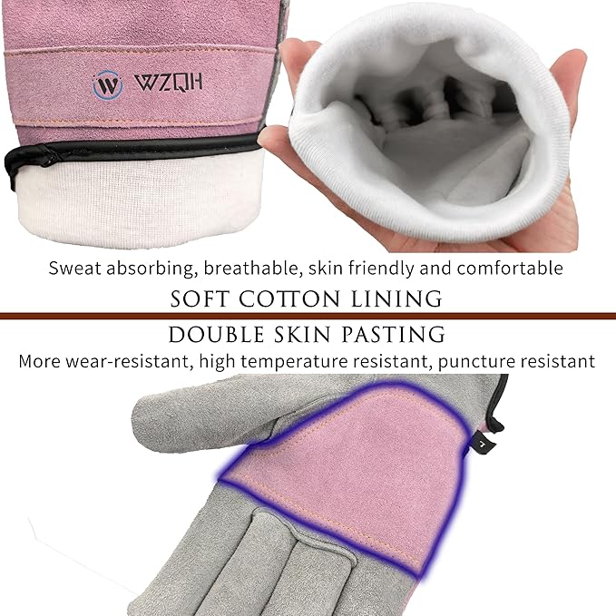 Leather Work Gloves for Men or Women. X-Large Glove for Gardening, Tig/Mig Welding, Construction, Chainsaw, Farm, Ranch, etc. Cowhide, Cotton Lined, Utility, Firm Grip, Durable. Pink-Grey XL