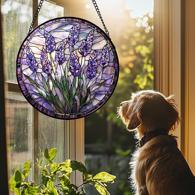 JOSUMALY Stained Glass Window Hanging - Purple Flowers Suncatcher for Door Terrace Garden Home Decor Lavender Plant Floral Sun Catcher Birthday Gifts for Lovers Women Men Dad Mom Nana 11.8 in