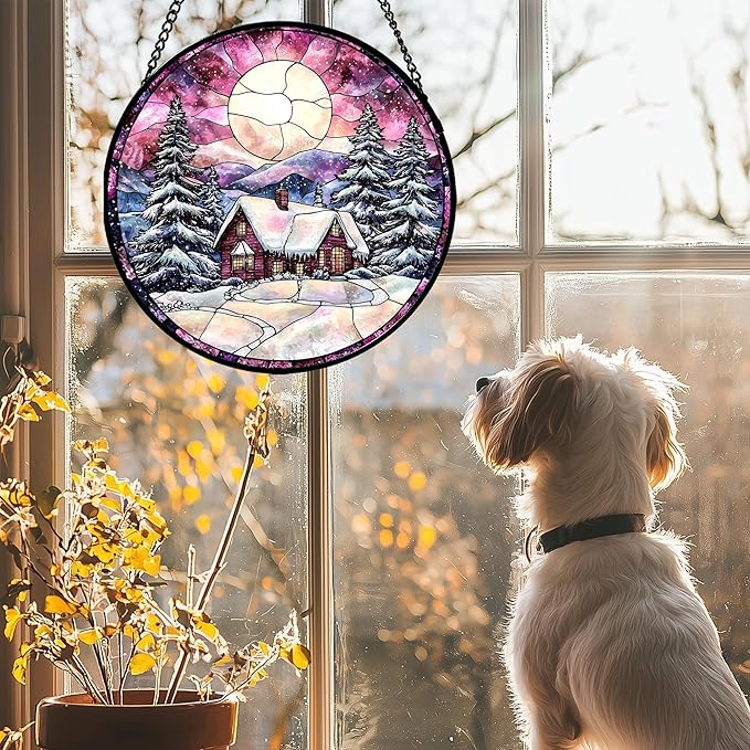 AMDERVEN Stained Glass Window Hanging - Winter Snow Scene Cabin Moon Sun Catcher for Door Garden Home Decor Pine Tree Suncatcher Christmas Mother's Day Birthday Gifts for Women Men Mom Nana 11.8 in