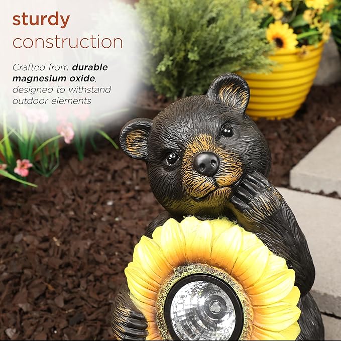 Alpine Corporation 16" H Outdoor Solar Powered Bear Statues with Sunflower LED Light, Brown/Yellow