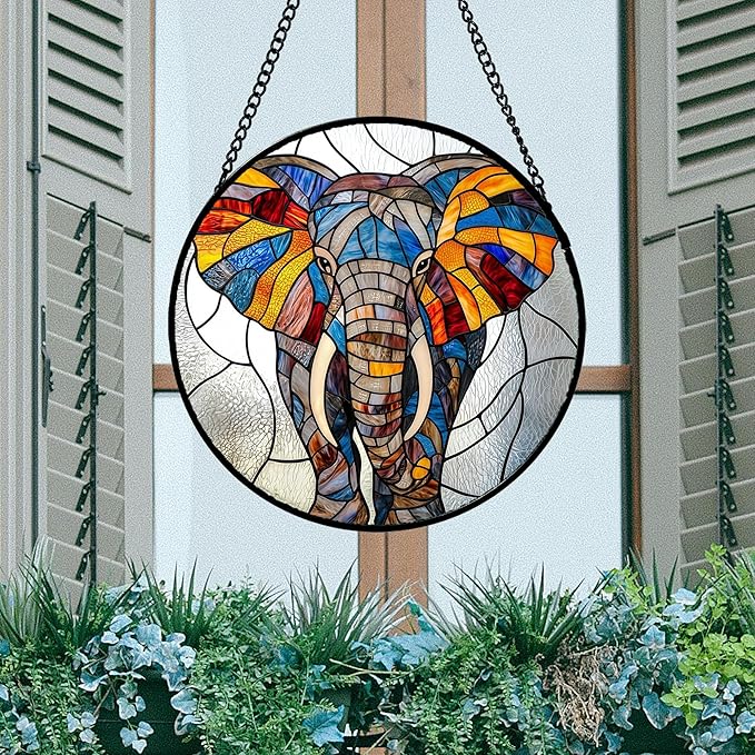 AMDERVEN Stained Glass Window Hanging, Colorful Elephant Sun Catcher for Door Home Decor Animal Suncatcher Christmas Mother's Day Birthday Gifts for Women Men Mom and Nana 15 in
