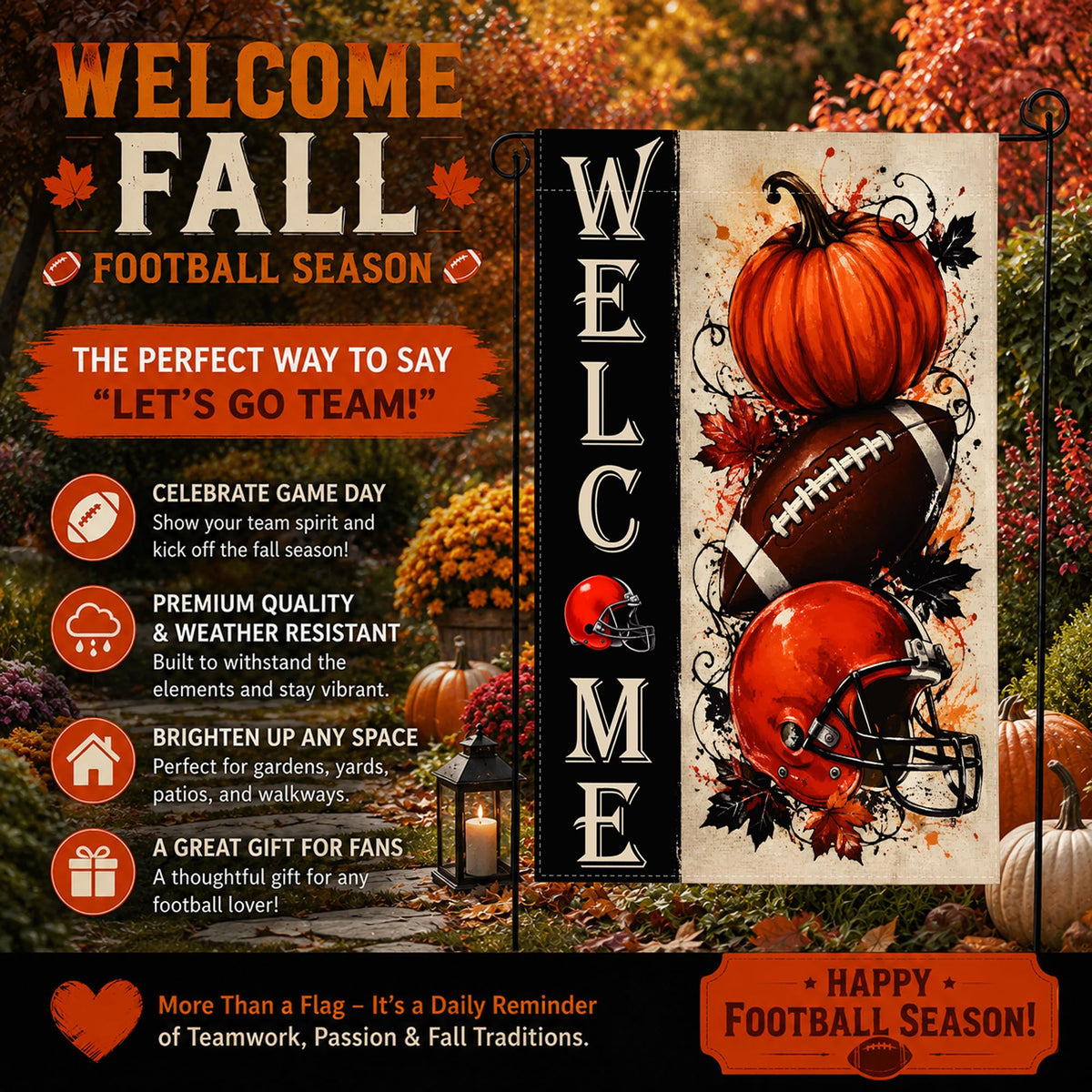 Fall Decor - Double Sided Fall Football Welcome Garden Flag