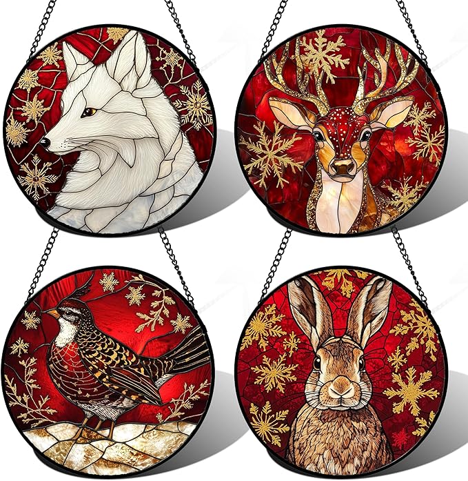 Stained Glass Window Hanging 4 Pcs Set Red Golden Snowflakes 9.8" - Christmas Elk Rabbit Suncatcher Door Garden Sun Catcher Decor Birthday for Mom Woman Nana Men
