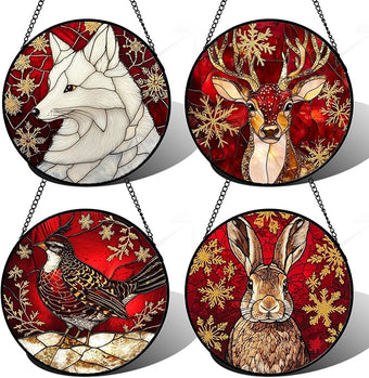 Stained Glass Window Hanging 4 Pcs Set Red Golden Snowflakes 9.8" - Christmas Elk Rabbit Suncatcher Door Garden Sun Catcher Decor Birthday for Mom Woman Nana Men