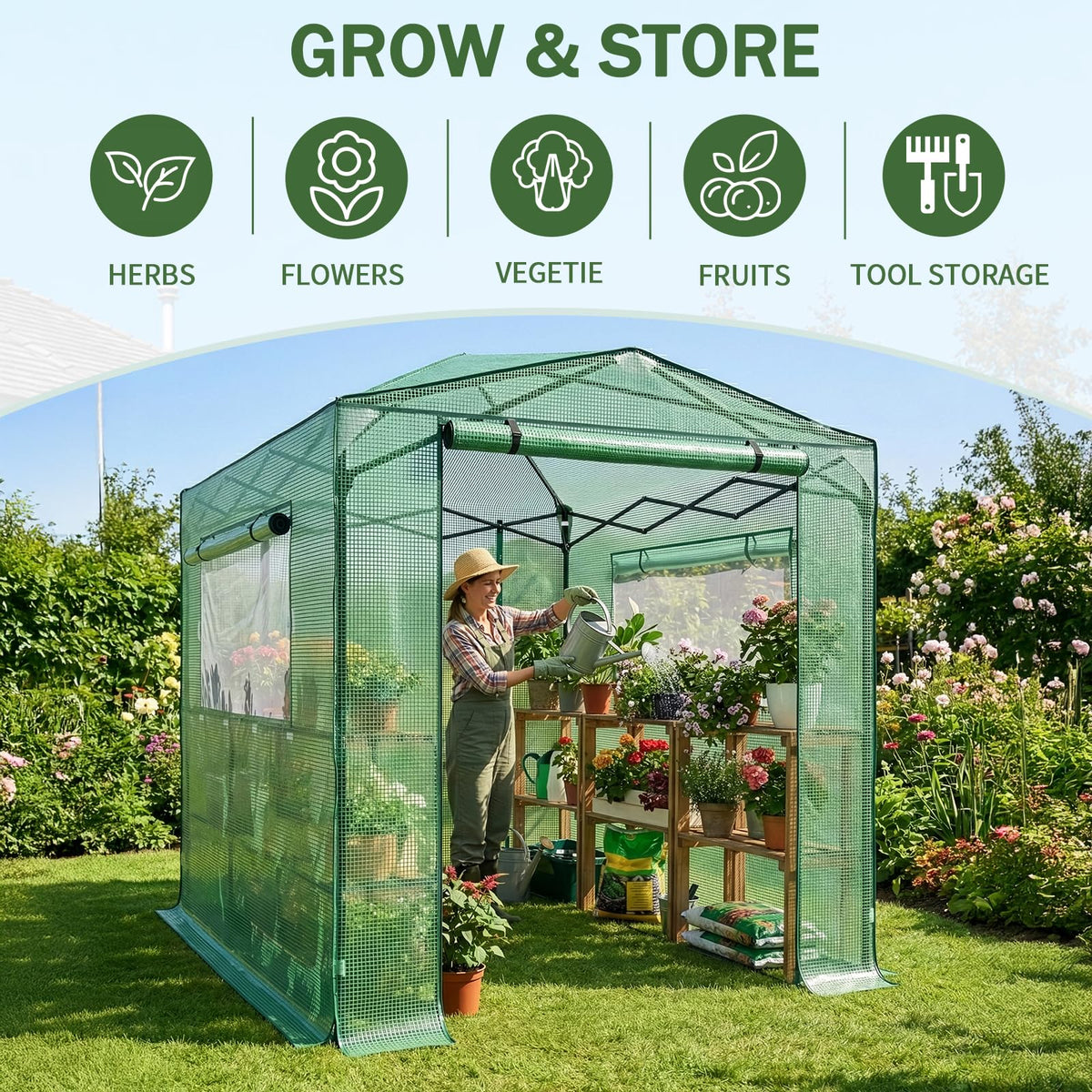 Outvita 6x8ft Greenhouse, Instant Walk-in Pop Up Tent Greenhouse for Indoor Outdoor Gardening Easy Setup Shelter with Roll-up Zipper Entry Doors and Windows