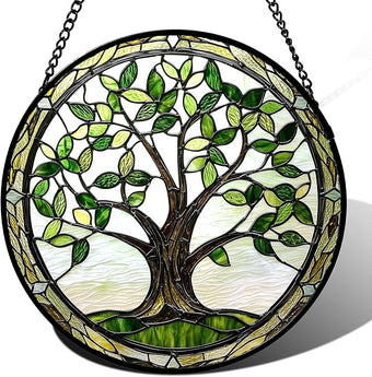 AMDERVEN Stained Glass Window Hanging - Brown Tree Trunk Green Leaves Sun Catcher for Door Garden Home Decor Plant Suncatcher Christmas Mother's Day Birthday Gifts for Women Men Mom Nana 9.8 in