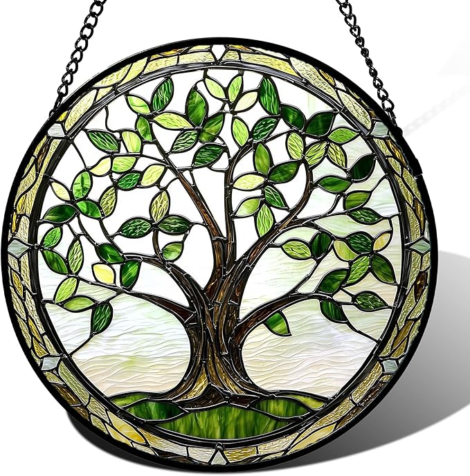 AMDERVEN Stained Glass Window Hanging - Brown Tree Trunk Green Leaves Sun Catcher for Door Garden Home Decor Plant Suncatcher Christmas Mother's Day Birthday Gifts for Women Men Mom Nana 6.3 in