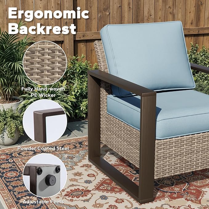 Joyside Outdoor Patio Chairs, 5 Pieces Wicker Rattan Furniture Set, 2 Patio Chairs, 2 Sofa and 2 Ottoman, Metal Wide Armrest, Thick Cushions and Deep Seating for Garden, Backyard, Porch, Deck