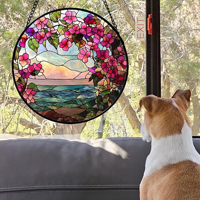 AMDERVEN Stained Glass Window Hanging, Purple Flower Landscape Wreath Sun Catcher for Door Home Decor Plants Suncatcher Christmas Mother's Day Birthday Gifts for Women Men Mom Nana 9.8 in