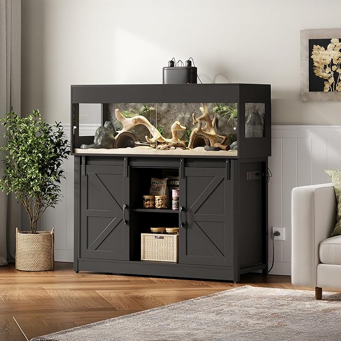 Herture 60 Gallon Reptile Terrarium with Stand, Terrarium Enclosure with Acrylic Doors, Storage Cabinet with Barn Door, Mesh Lid & Power Outlet – Vivarium Habitat for Medium Reptiles Black PX05RTB