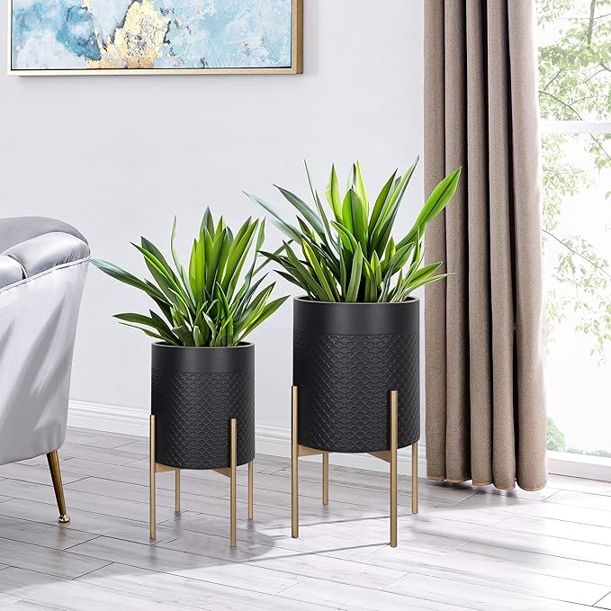 Oakrain Planters for Indoor Plants, Set of 2 Mid Century Modern Planter with Stand, Decorative Metal Planter Pots for Living Room, Office, Garden or Balcony, Black, 10"&12"