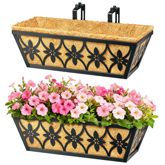 16 Inch Window Boxes Planters Railing Planter Box - 2 Pack Deck Railing Planter Boxes with Adjustable Brackets Coco Liners Balcony Planters Railing Hanging for Window Flower Boxes Outdoor Garden Decor