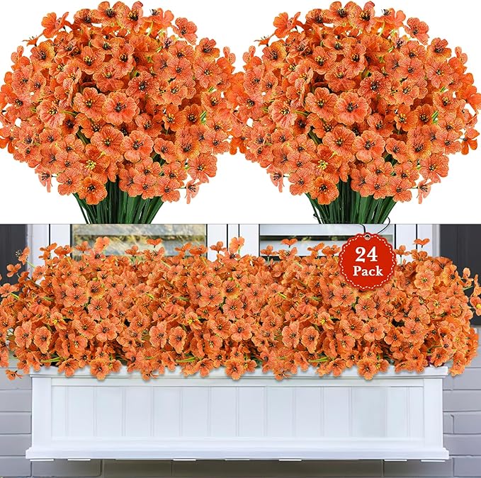24 Bundles Artificial Fall Flowers for Outdoors, Realistic Fake Silk Flowers for Outside Decoration, Autumn Faux Plants Outdoor Planter Window Box Porch Patio Decor(Orange)