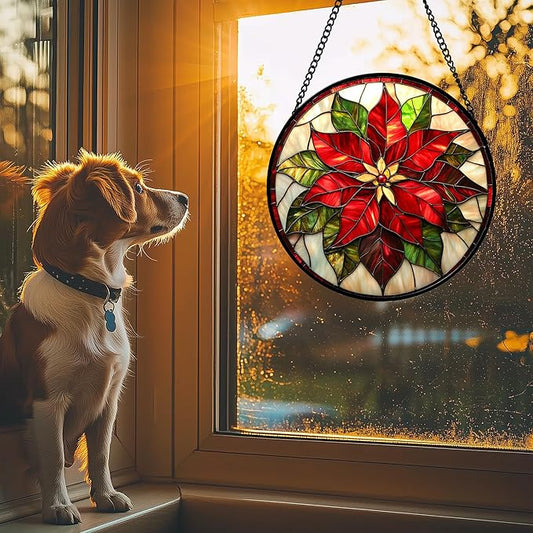 HWRHTR Stained Glass Window Hanging - Red Poinsettia Birth Flowers Suncatcher for Door Garden Yard Sun Catchers Decor Christmas Mother's Day Birthday Gifts for Women Mom Nana Teacher Friend 6.3 in