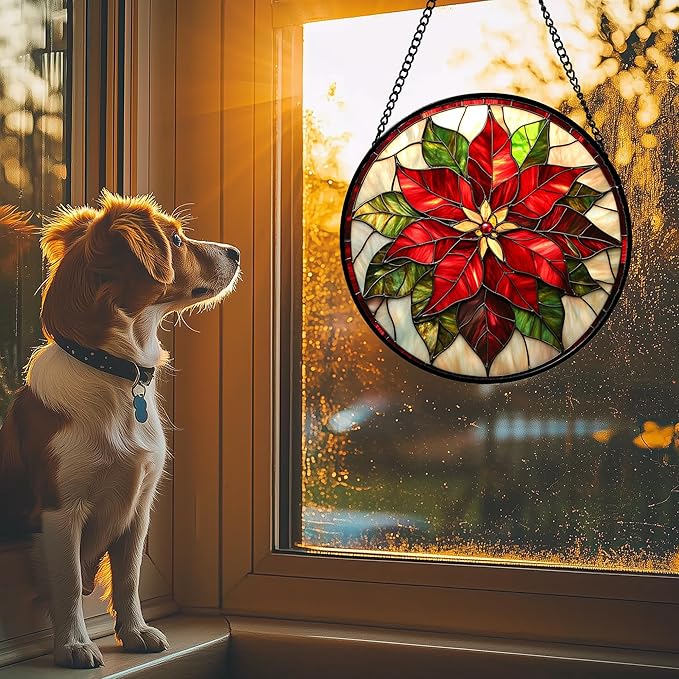 HWRHTR Stained Glass Window Hanging - Red Poinsettia Birth Flowers Suncatcher for Door Garden Yard Sun Catchers Decor Christmas Mother's Day Birthday Gifts for Women Mom Nana Teacher Friend 15 in
