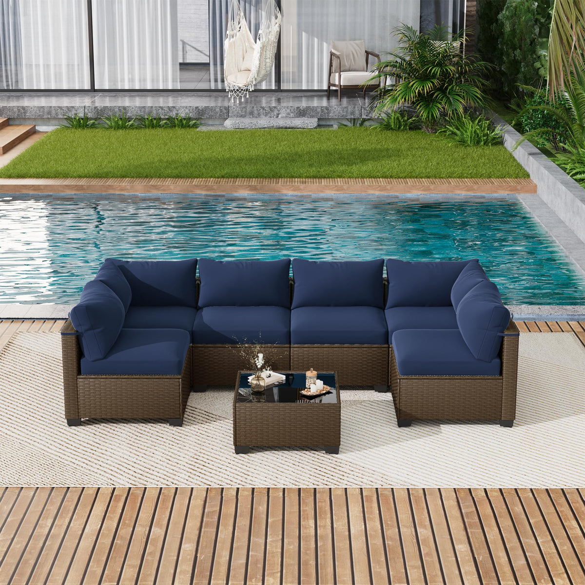 LOUVIXA 7 Piece Outdoor Patio Furniture Set, Outdoor Sectional Sofa, Wicker Rattan Patio Furniture, Patio Conversation Set with Coffee Table & Cushions