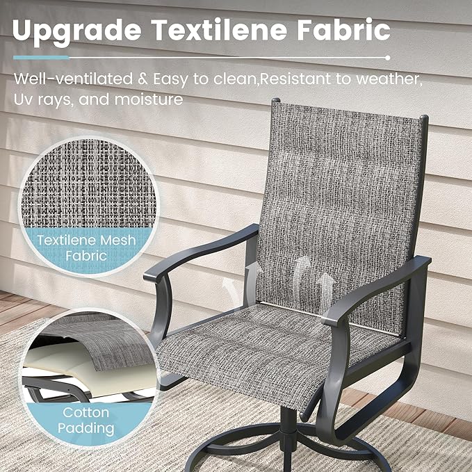 Patio Swivel Chairs Set of 4, Outdoor Dining Chairs with High Back, 360° Swivel Rocker Chair in All-Weather Padded Textilene & Metal Frame for Garden, Porch, Backyard, Balcony(Padded Grey)