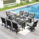PHI VILLA 9 Pieces Outdoor Dining Set for 8, Rectangular Black Long Wrought Iron Table with Umbrella Hole & Fixed, Swivel Metal Chairs, Large Modern Furniture Set with Cushions for Patio, Deck, Porch
