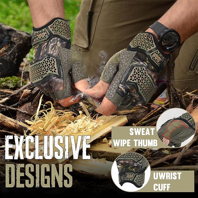 HANDLANDY Fingerless Framer Work Gloves for Men, Utility Grip Paded Gloves for Tactical Shooting Airsoft Hunting Driving (Camo- 3 Fingerless, Large (Pack of 1))