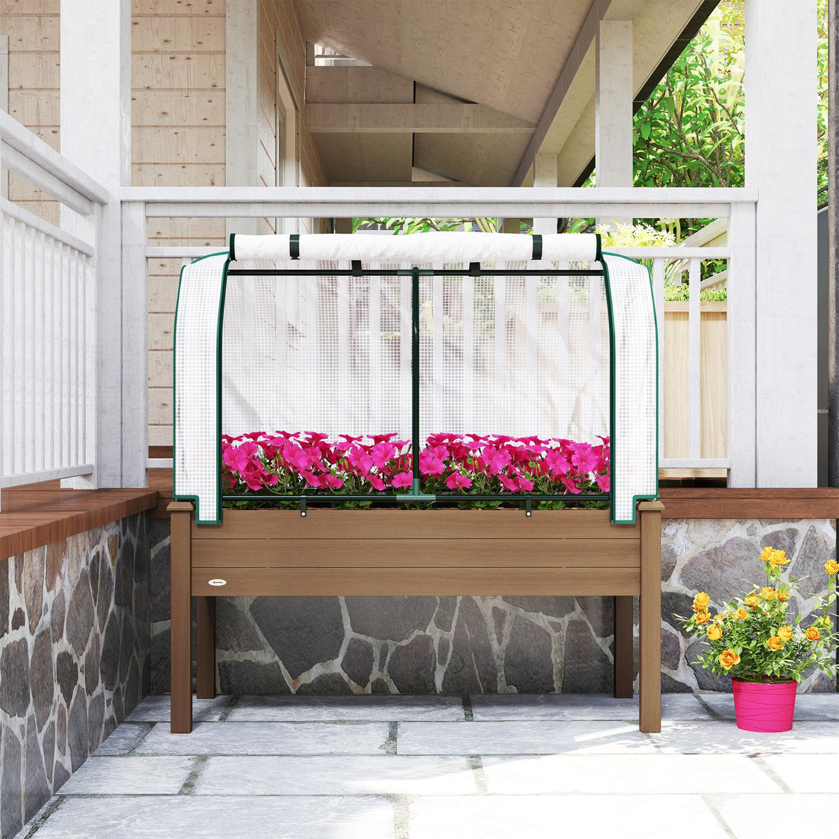 Outsunny Raised Garden Bed with PE Greenhouse Cover 48x22x46 inch Brown