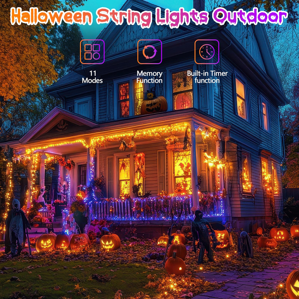 200 LED Connectable String Lights with Remote, Halloween Lights Outdoor