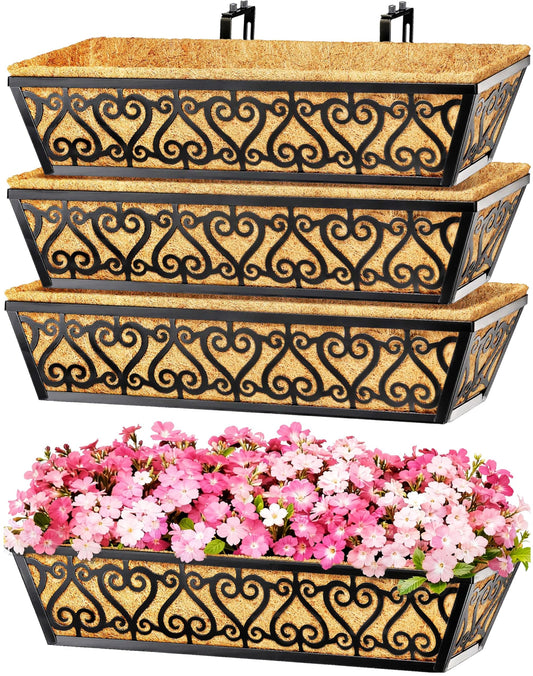EINYEXW 4 Pack 24 Inch Deck Railing Planter Box - Window Boxes Planters with Adjustable Brackets Coco Liners Balcony Planters Railing Hanging for Window Flower Boxes Outdoor Garden Decor