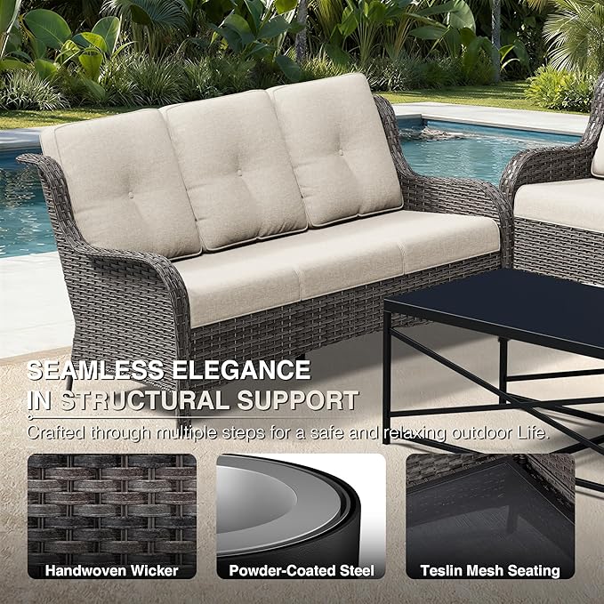 Joyside 6 Piece Wicker Patio Furniture Set, Rattan Patio Chairs with High Back, Deep Seating, Wide Armrest, Thickened Cushions, Outdoor Furniture for Deck, Porch Use