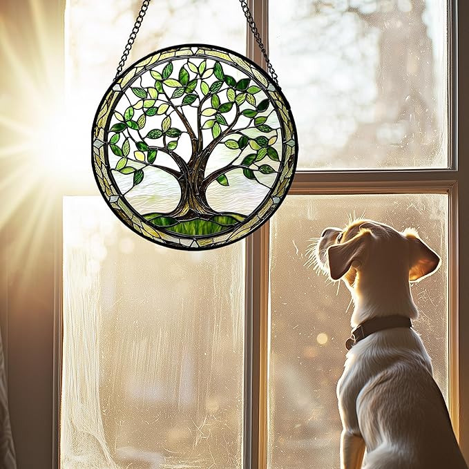 AMDERVEN Stained Glass Window Hanging - Brown Tree Trunk Green Leaves Sun Catcher for Door Garden Home Decor Plant Suncatcher Christmas Mother's Day Birthday Gifts for Women Men Mom Nana 6.3 in