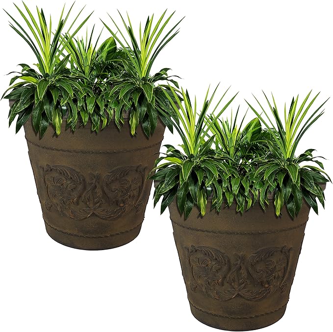 Sunnydaze 19.5-Inch Arabella Large Plant Pot - Polyresin Round Outdoor Planter with Drillable Drainage Holes - 2 Pack - Sable