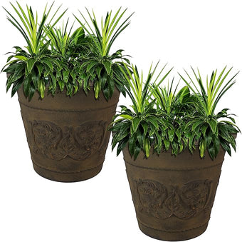Sunnydaze 19.5-Inch Arabella Large Plant Pot - Polyresin Round Outdoor Planter with Drillable Drainage Holes - 2 Pack - Sable