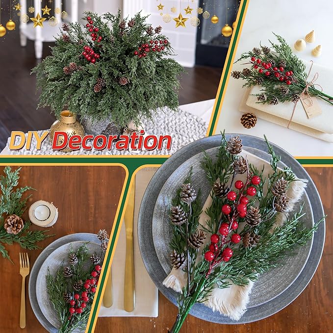 Faux Cedar Stems Artificial Norfolk Pine Branches for Christmas Decorations, 17 PCS Faux Pine Stems with Pinecones Red Berries Branches Realistic Faux Greenery for Vases DIY Garland Xmas Table Indoor