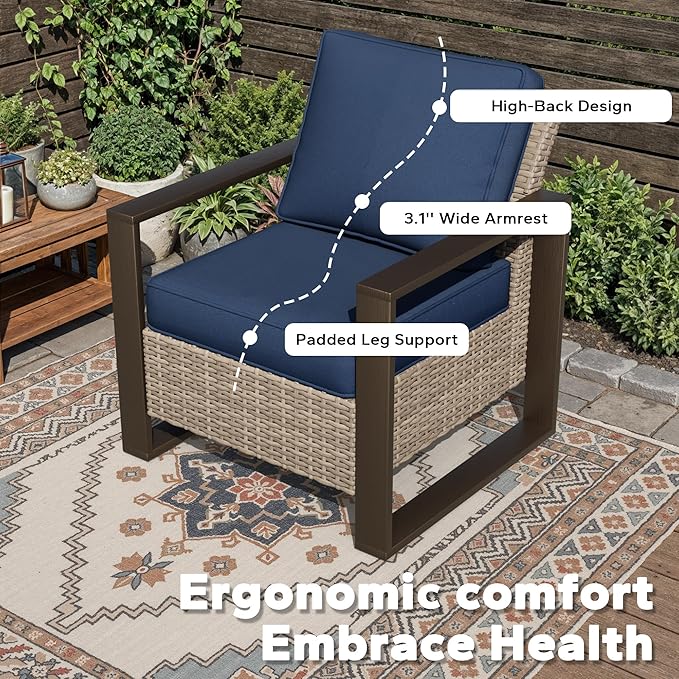 Joyside Outdoor Patio Chairs, 7 Pieces Wicker Rattan Furniture Set, 2 Patio Chairs, 2 Sofa, 2 Ottoman and 1 Table, Metal Wide Armrest, Thick Cushions and Deep Seating for Garden, Backyard, Porch