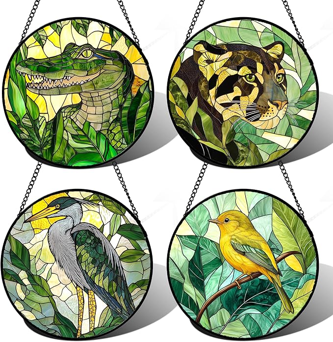 DASTOLL Stained Glass Window Hanging 4 Pcs Set Green Plants Animals Theme Large 15" - Bird Tiger Suncatcher Door Garden Sun Catcher Decor Birthday for Mom Woman Nana Men Friend
