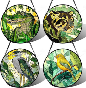DASTOLL Stained Glass Window Hanging 4 Pcs Set Green Plants Animals Theme 9.8" - Bird Tiger Suncatcher Door Garden Sun Catcher Decor Birthday for Mom Woman Nana Men Friend