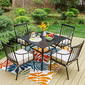 Sophia & William Patio Furniture Outdoor 5 Pieces Dining Set for 4, Metal Patio Table and 4 Chairs, Patio Conversation Set with Seat Cushions and Umbrella Hole for Porch Yard Balcony