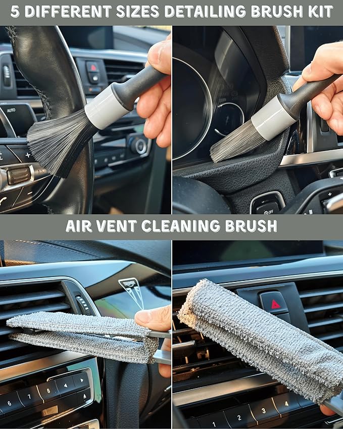18Pcs Professional Car Interior Detailing Kit All-in-One Cleaning Tools for Windows, Dashboard, Vents, Windshield Cleaner Brush, Magic Sponge, Chamois Cloth, Detailing Brushes & Accessories