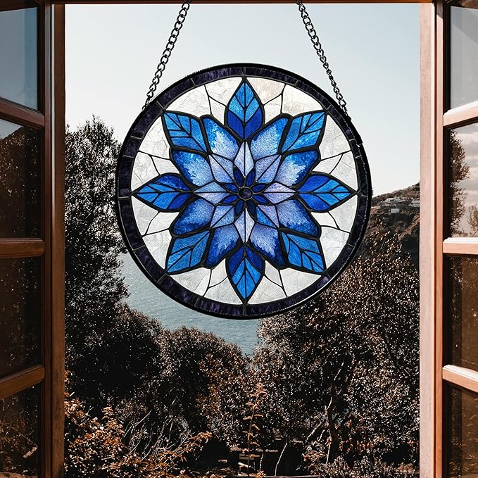 Stained Glass Window Hanging - Blue Snowflake Flowers Suncatcher for Doors Garden Patio Boho Sun Catchers Decor Christmas Mother's Day Birthday Gifts for Women Men Mom Nana Friend 15 in