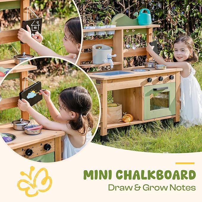 ROBOTIME Mud Kitchen, Outdoor Play Kitchen for Kids – Wooden Mud Kitchen Pretend Playset with Removable Sink & Chalkboard, Cooking Accessories, Gift for Boys Girls Ages 3+