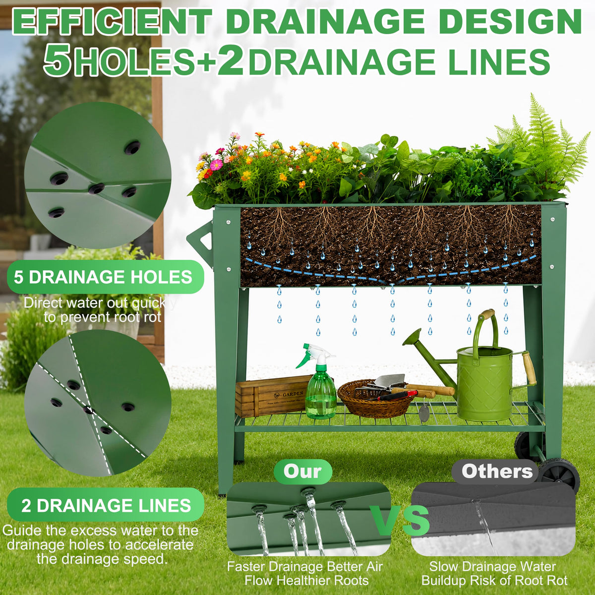 YKTEEDENS Raised Garden Bed with Legs and Wheels, Metal Outdoor, Green