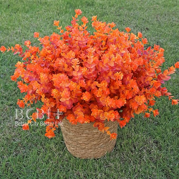 BCBLF Artificial Flowers for Outdoors, 12 Bundles UV Resistant Realistic Faux Plants for Outside Porch Planter, Spring Summer Home Garden Decoration, Red Orange