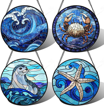 DASTOLL Stained Glass Window Hanging 4 Pcs Set Blue Ocean Waves Large 11.8" - Starfish Crab Seal Suncatcher Door Garden Sun Catcher Decor Birthday for Mom Woman Nana Men Friend