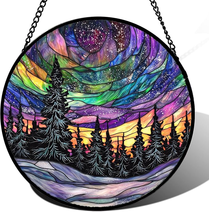 Stained Glass Window Hanging, Van Gogh Night Scene Sun Catchers Colorful Glass Panel Starry Sky Suncatcher Decor for Birthday for Women, Men, Wife, Aunt, and Mom 14.9x14.9 in