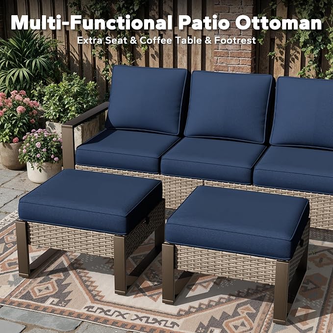 Joyside Outdoor Patio Chairs, 8 Pieces Wicker Rattan Furniture Set, 4 Patio Chairs, 1 Sofa, 2 Ottoman and 1 Table, Metal Wide Armrest, Thick Cushions and Deep Seating for Garden, Backyard, Porch