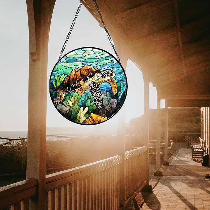 HWRHTR Stained Glass Window Hanging - Cute Sea Turtle Suncatcher for Door Garden Yard Blue Ocean Sun Catchers Decor Christmas Mother's Day Birthday Children's Gifts for Women Mom Nana Friend 15 in