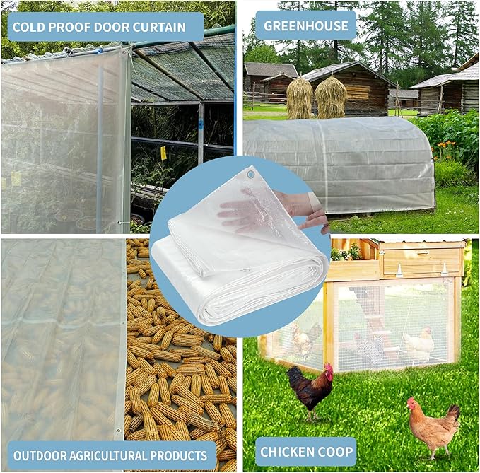 TARPAL 8'x12' Semi Clear White Tarp Waterproof Green House Cover with Grommets 7.5mil Clear Poly tarps for Gardening,Farm, Garden,Chicken Coops，Outdoor
