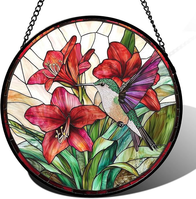 AMDERVEN Stained Glass Window Hanging - Hummingbird On Red Lily Flower Sun Catcher for Door Garden Decor Suncatcher Christmas Mother's Day Birthday Gifts for Bird Lovers Women Men Mom Nana 6.3 in
