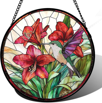 AMDERVEN Stained Glass Window Hanging - Hummingbird On Red Lily Flower Sun Catcher for Door Garden Decor Suncatcher Christmas Mother's Day Birthday Gifts for Bird Lovers Women Men Mom Nana 6.3 in
