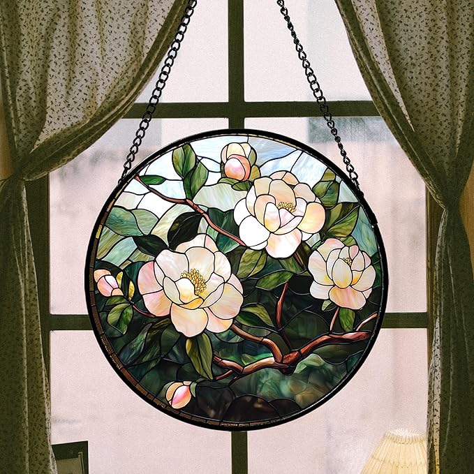 AMDERVEN Stained Glass Suncatcher, Light Pink Flowers Green Leaf Sun Catcher Plant Stain Glass Window Hanging Decoration Mother's Day Birthday Gifts for Women Men Mom Nana 11.8 in
