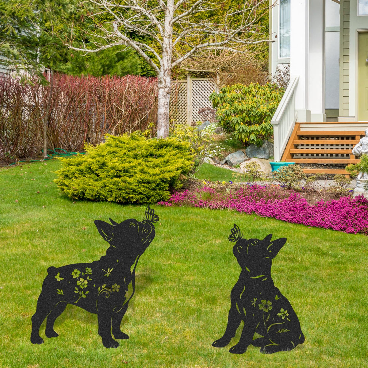 LIRAVENO French Bulldog Garden Decor - 2 Pcs Metal Animal Statue Set