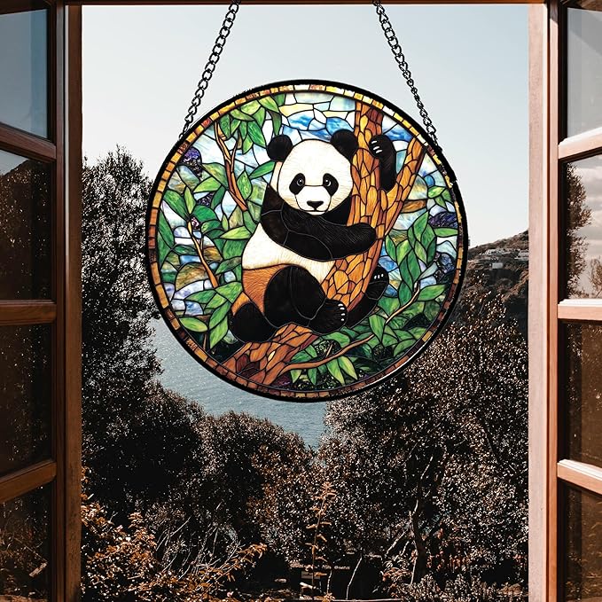 Stained Glass Window Hanging - Cute Panda Suncatcher for Doors Garden Patio Sun Catchers Decor Christmas Mother's Day Birthday Teenager Gifts for Women Men Mom Nana Friend 9.8 in
